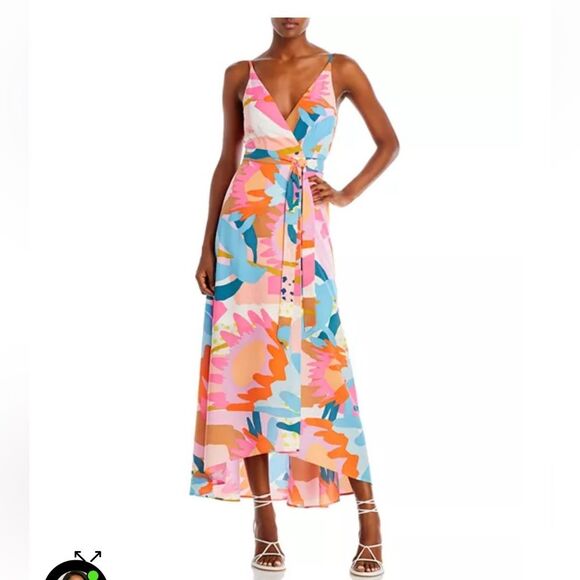 NWT AQUA Floral Print Maxi Dress wrap long summer dress w belt Bloomingdales L - Picture 1 of 15